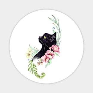 Black cat with leaves and flowers Magnet